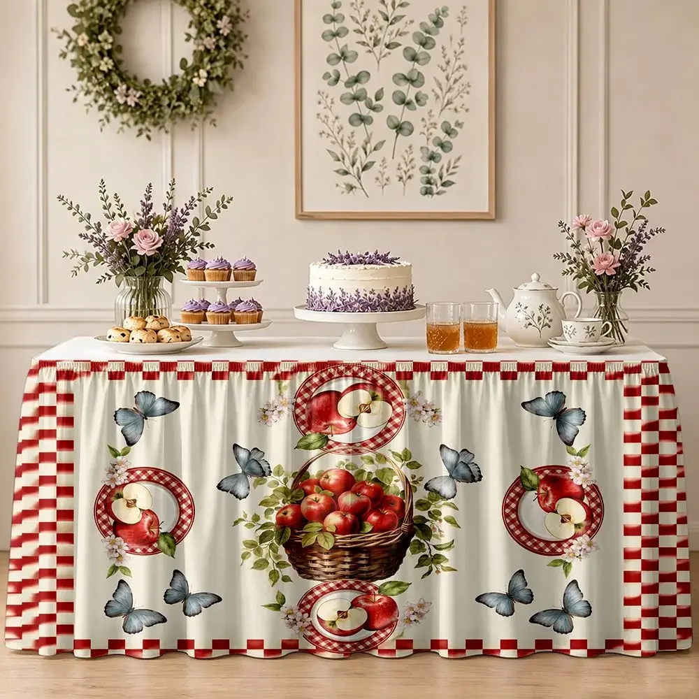 One-piece table skirt for party decoration - Red apple basket and blue butterfly pattern - Ruffled table border