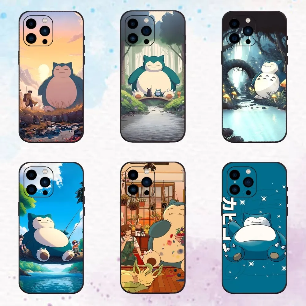 MINISO P-POKEMON Snorlax  Phone Case  For iPhone 11 12 13 14 15 Pro Max Mini Plus XS XR X Black Silicone Soft Case