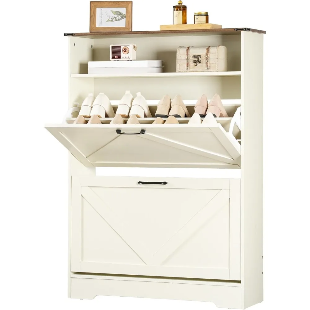 

Shoe Storage Cabinet with 2 Flip Drawers, 31.5 L Farmhouse Shoe Cabinet with Barn Doors, Slim Hidden Shoes Storage Organi