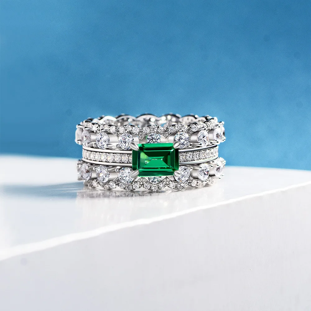 

S925 Sterling Silver Bracelet Women's Green Diamond Rectangular 5 * 7 Ring 1ct Double Row Full Diamond Ring Wedding Jewelry