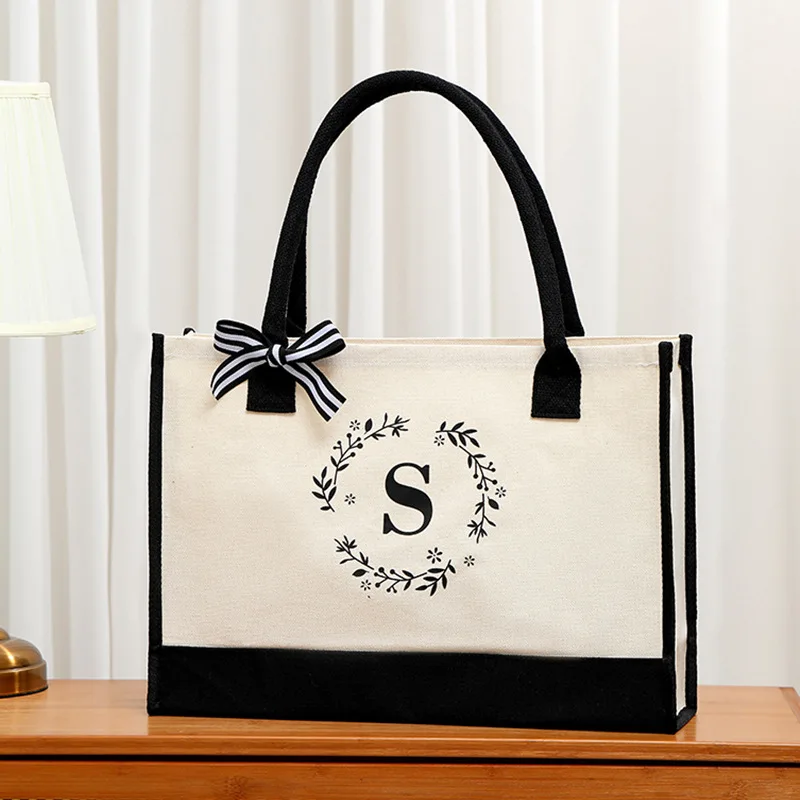 

Minimalist alphabet print canvas lunch bag large capacity handbag eco-friendly and durable shopping bag