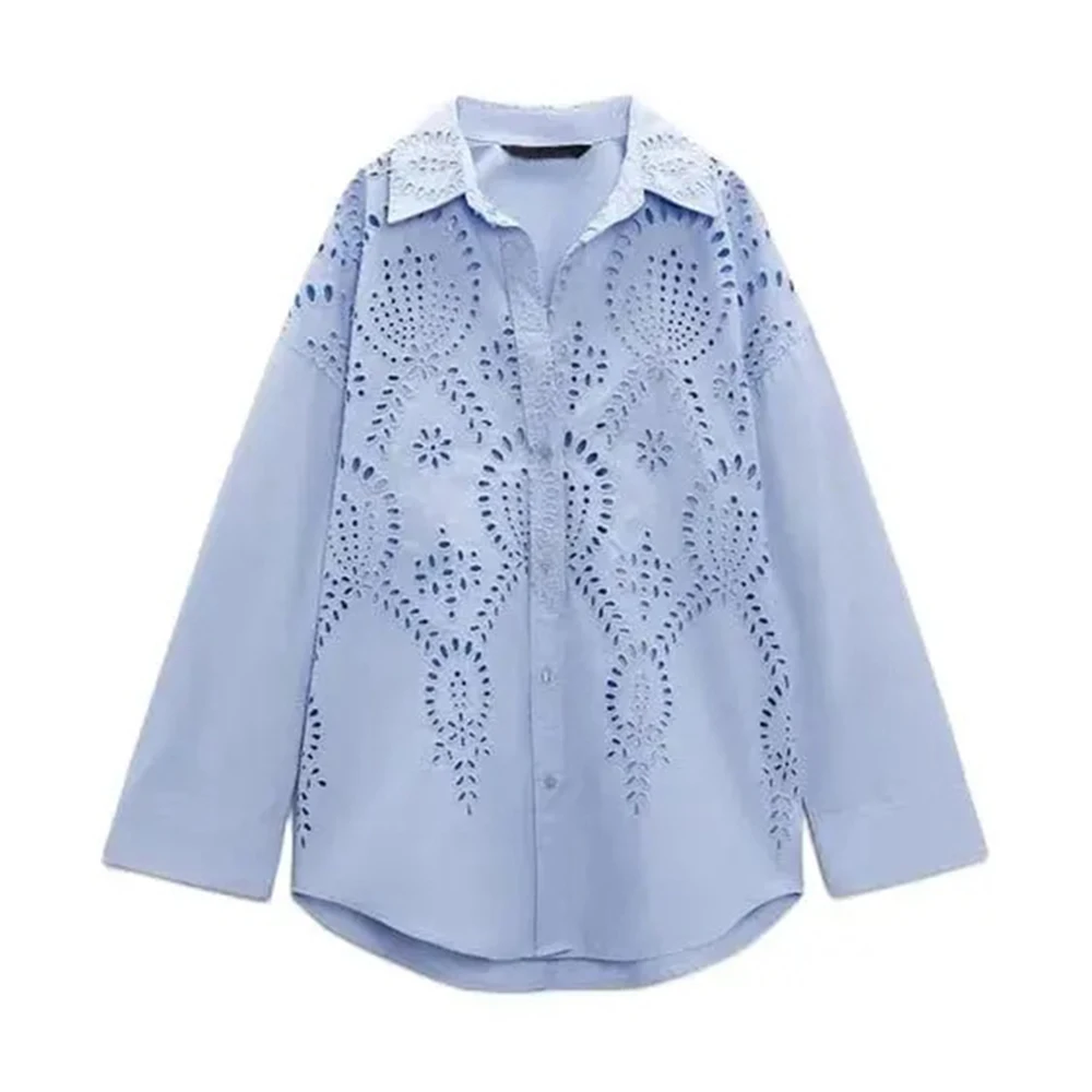 

European and American French Spring Autumn Pure Color Blue and White Loose Hollow Embroidery Loose Shirt for Women