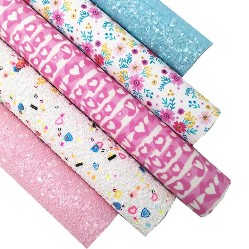 Pink Blue Glitter Leather Sheets White Glitter with Hearts Flowers Hearts Stripes Printed Leather for DIY Craft 8.2