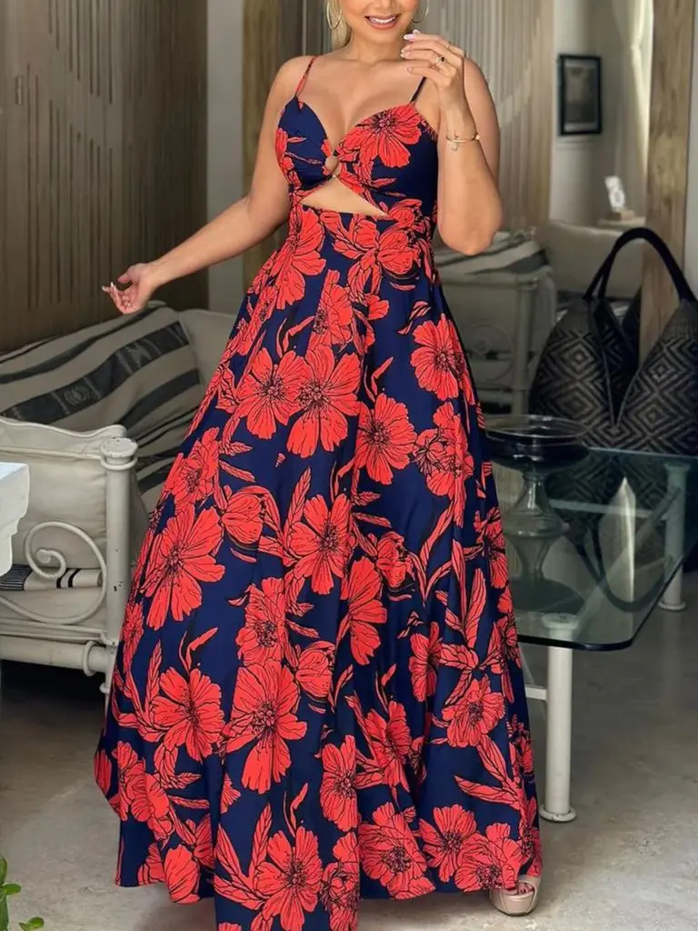 Damska długa sukienka z nadrukiem elegancka linia letnia seksowna bez rękawów artystyczny pasek Spaghetti wysoka talia kwiatowa wakacyjna sukienka plażowa
