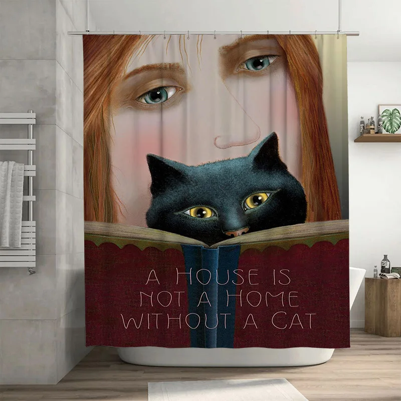 

Cat-themed shower curtain featuring a mysterious girl's face with captivating eyes and a curious black cat perfect for adding a
