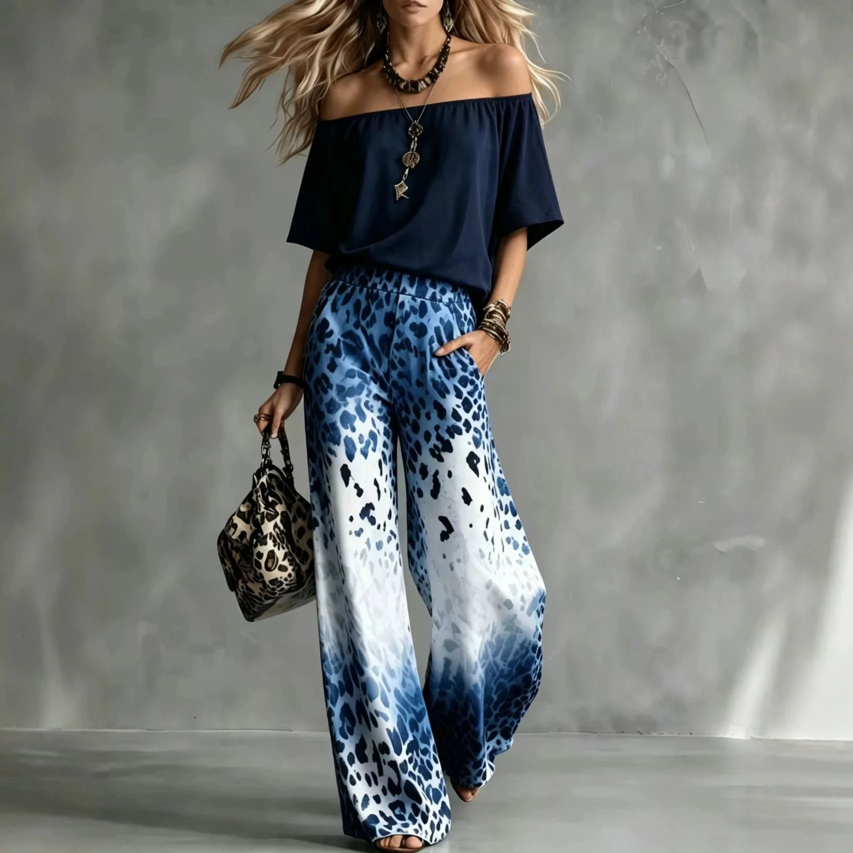 Women's Summer Off-Shoulder Leopard Gradient Wide Leg Pants Set