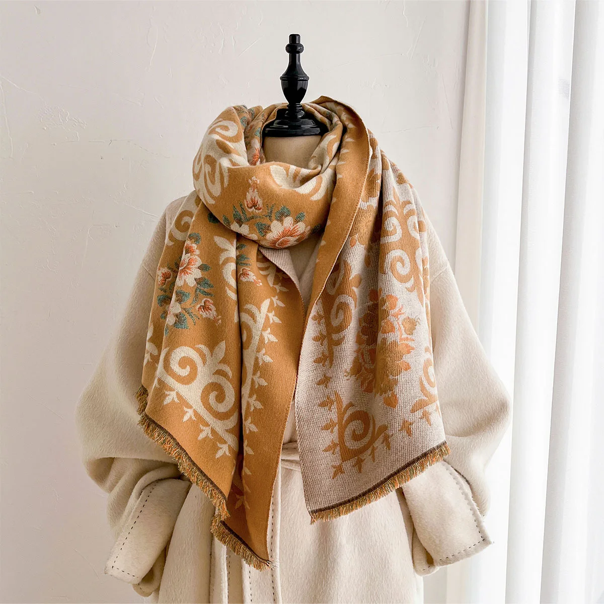 Imitation Cashmere Paisley Print Scarf For Women Vintage Bohemian Floral Paisley Pattern Tassel Fringe Long Shawl Soft Oversized