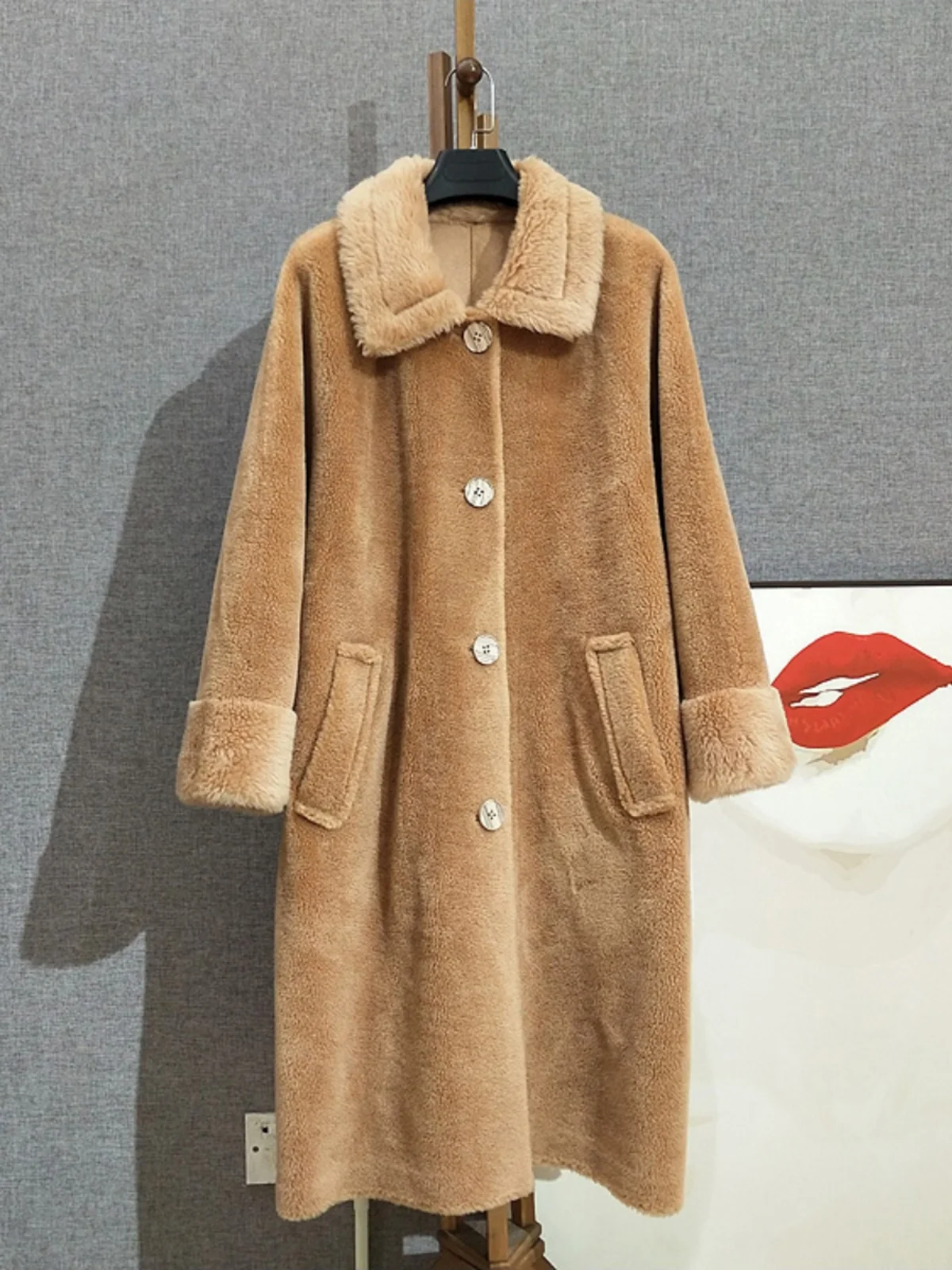 

[Special price]Long Raglan Sleeves Wool Fur Coat with Sheep Fleece and Fur Integrated Coat Paired with Belt