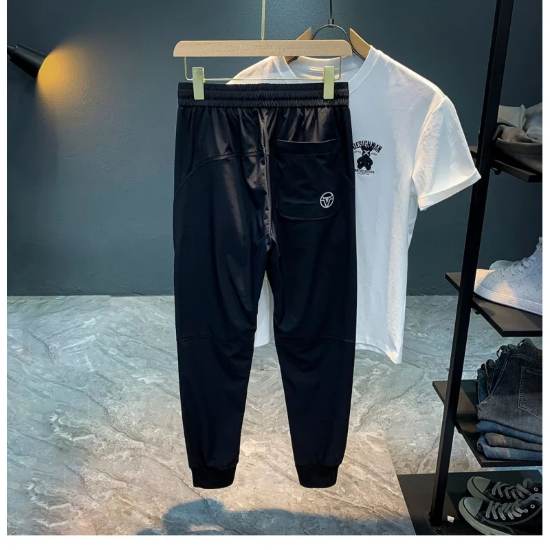 Casual pants men's summer new elastic high-end embroidered ankle pants ultra-thin trendy sports pants