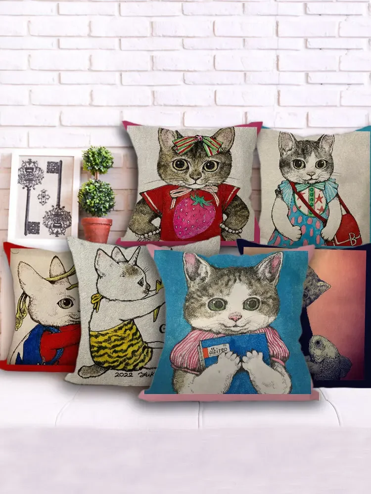 Yuko Higuchi Cat Design Cushion Cover Cute Pet Hand-painted Sofa Pillowcase Square Chair Back Cushion Cloth for Home Decoration