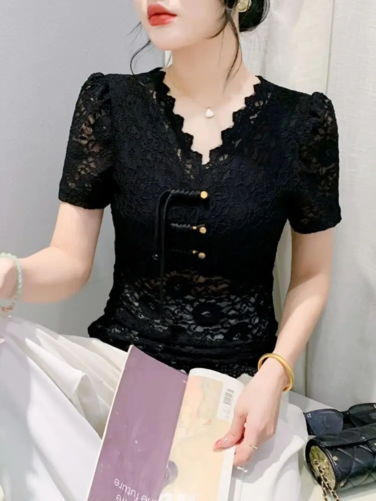 2024 V-neck Lace Female Spring Summer 3D Decoration Charming Solid Woman S-3XL Slim T-shirt Splicing Casual Short Sleeve