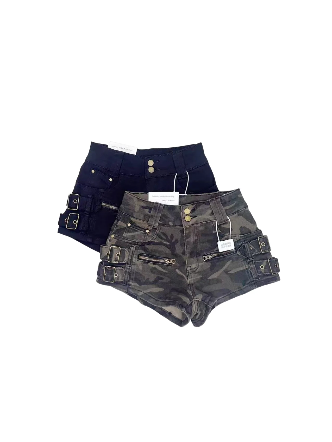 Women High Waist Cargo Denim Shorts Double Button Zipper Pockets Metal Buckle Strap Decor Slim Y2K Streetwear Camo Solid Black M
