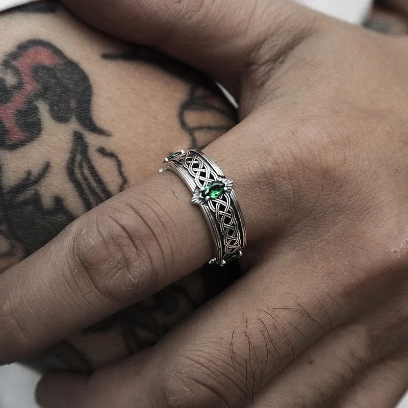 Set zirkon perunggu mata kuda hijau Vintage, cincin Punk terbuka pria dan wanita