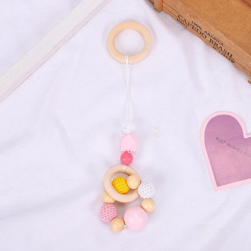 J15U 4Pcs Baby for Play Gym Frame Pendants Newborn Wooden Beads Ring Teether Molar Ra