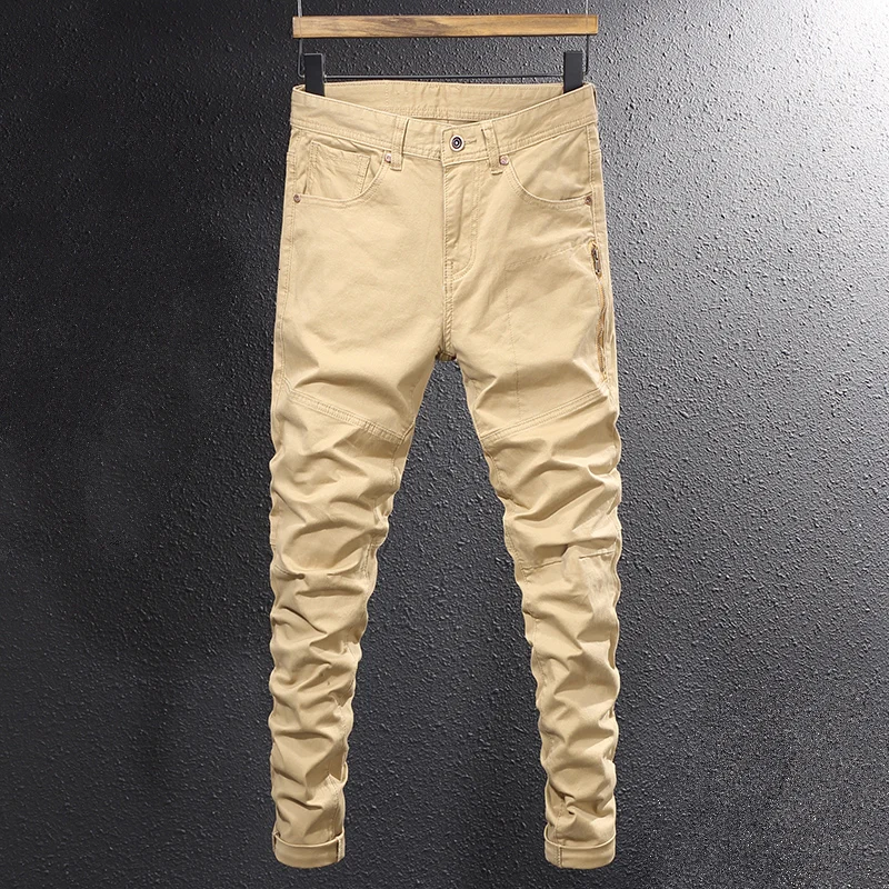 Jean de styliste pour hommes, Streetwear, mode, fermeture éclair, poche, Stretch, Slim, élastique, épissé, pantalon kaki, Hip Hop