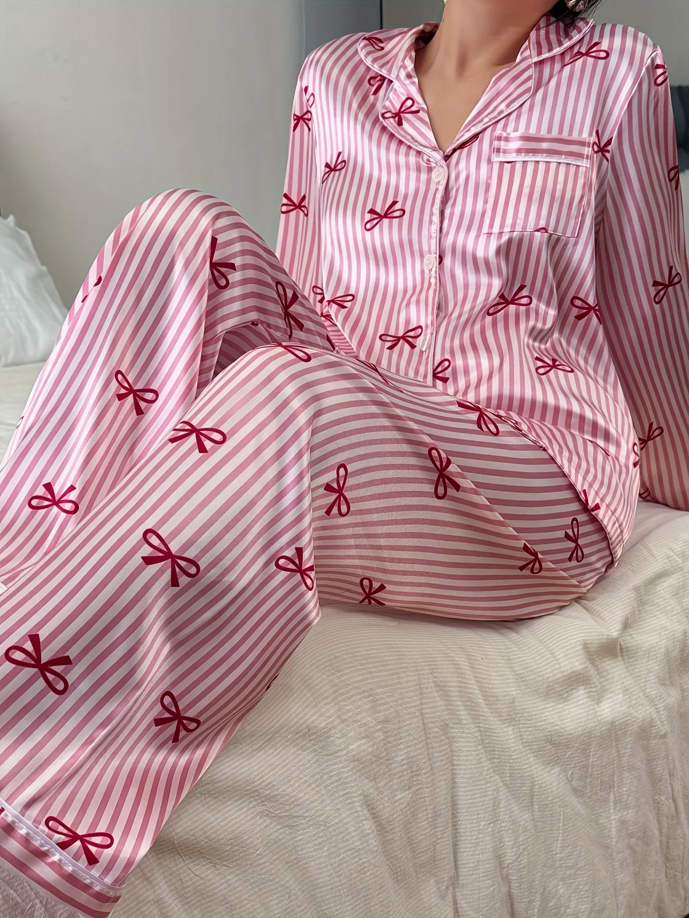 Four Seasons Can Wear Korean Style Bow Women's Pajamas Tops and Pants Summer Ladies Sleepwear Homewear Girl Sweet Nightwear view 6