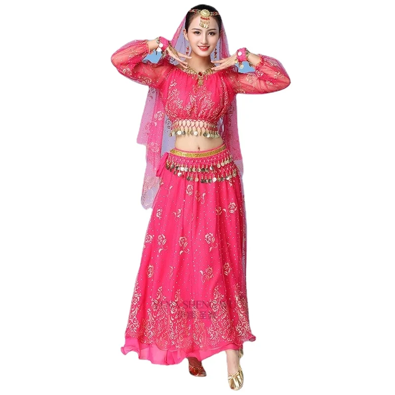 Women Indian Dance Sari Belly Dance Adult Bollywood Dress Costume Outfit Performance Clothes Chiffon Long Sleeve Top Belt Skirt