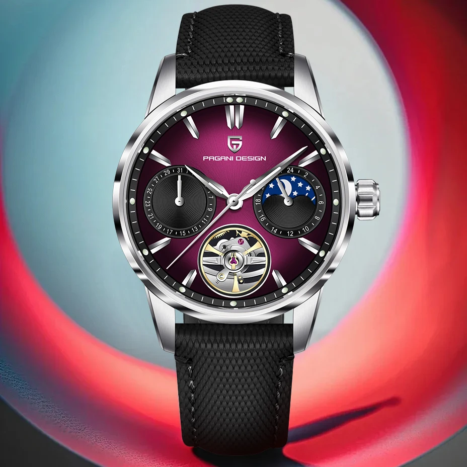 PAGANI تصميم جديد جوفاء ساعات رجالية القمر المرحلة الميكانيكية ساعة أوتوماتيكية الرجال AR الياقوت مضيئة مقاوم للماء ساعة جلدية #1