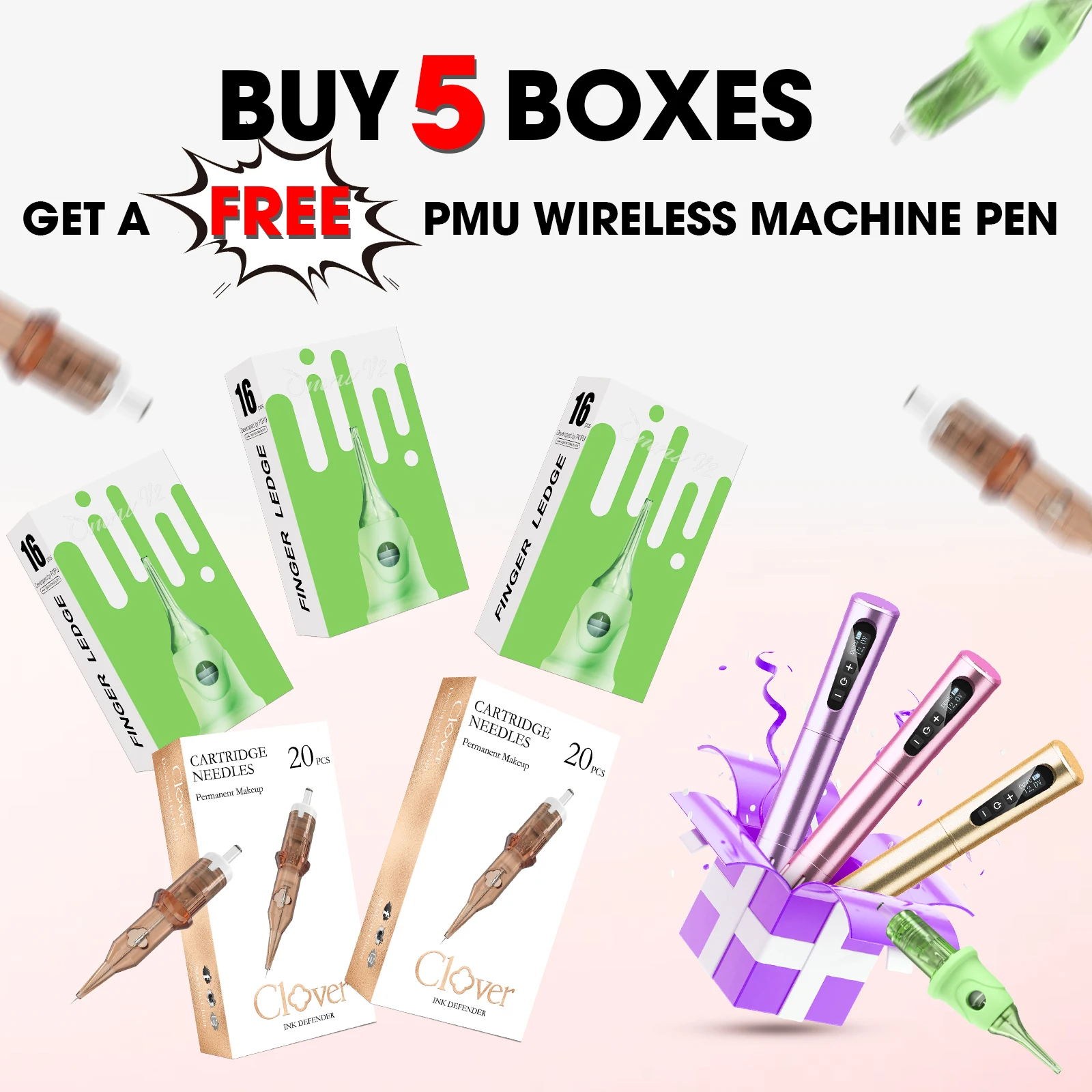 5 Boxes POPU Cartridge Needle with 1pcs PMU Turbo Wireless Tattoo Machine Pen For Permanent Makeup