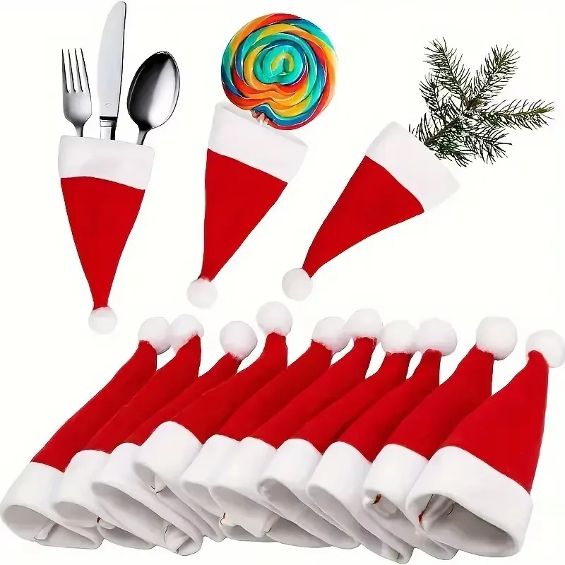 200/2Pc Mini sombrero de Papá Noel, tapas de piruletas de tela no tejida, cubiertas para botellas de vino de Navidad, soporte para botellas de Navidad, decoraciones para mesa y cena