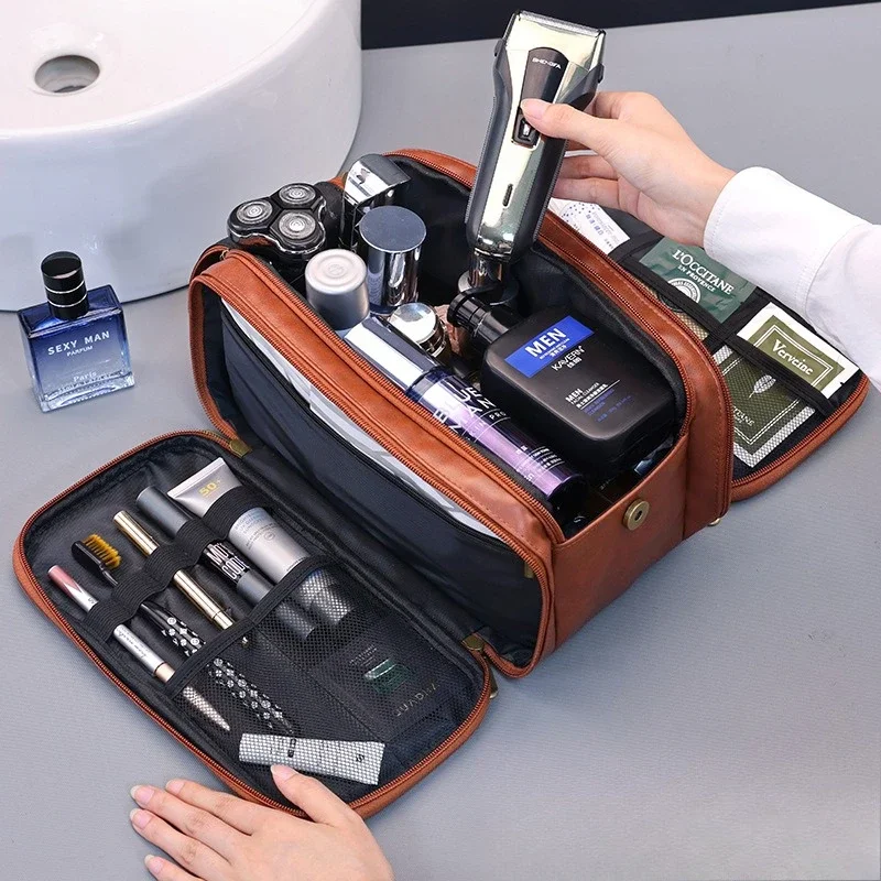 Portable Vintage Makeup Bag for Men Travel Cosmetic bag Large Capacity Toiletry Pouch Skincare Storage Handbag
