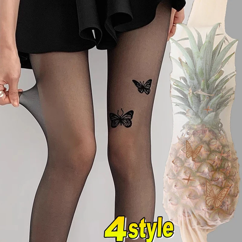 2024 Y2K Women's Ultra-thin Tights Sexy Vintage Fake Tattoo Butterfly Transparent Silk Pantyhose Girls Lolita Summer Stockings