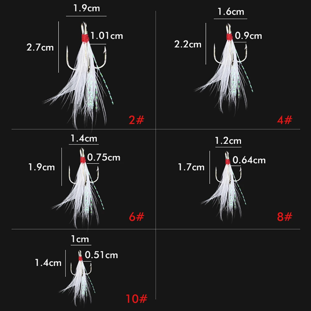 مجموعة من خطافات الصيد المكونة من ثلاثة أجزاء ، 10 ، خطافات شائكة من الفولاذ الكربوني الحاد ، خطاف ثلاثي ، إكسسوارات بحرية مع ريش