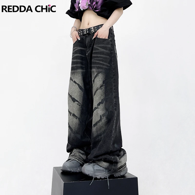 

REDDACHiC Retro Black Whiskers Baggy Jeans Women Youth Skater Oversized Pants Casual Wide Leg High Waist Trousers Emo Streetwear