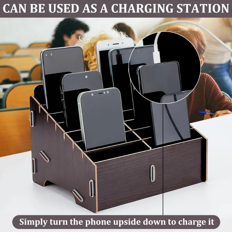 14 Compartment Detachable Wooden Mobile Phone Storage Box Coconut Brown Mobile Phone Storage Box Multi-Compartment Organizer