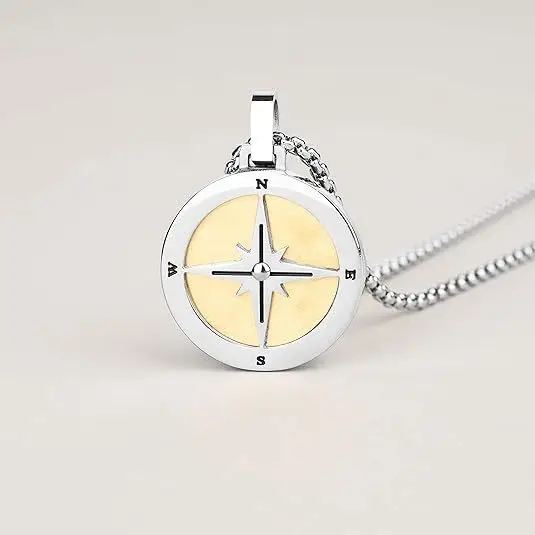 Compass Pendant Necklace For Camping Hiking Round Stainless Steel Two Tone Men Women Outdoor Direction Guide Jewelry Gift