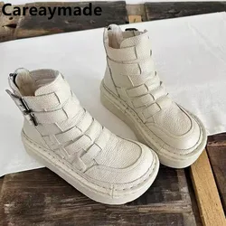 Careaymade-Genuine Leather women's shoes,thick soled casual soft soled short boots,sports snow boots with fur round toe shoes