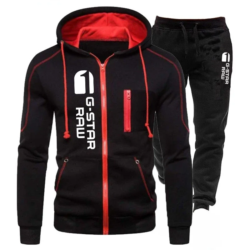 2024 Autumn Winter Popular Mens Tracksuit Hot Sales Hooded Zipper Jacket+Running Pants 2 Piece Set Casual Printing Coat Clothing