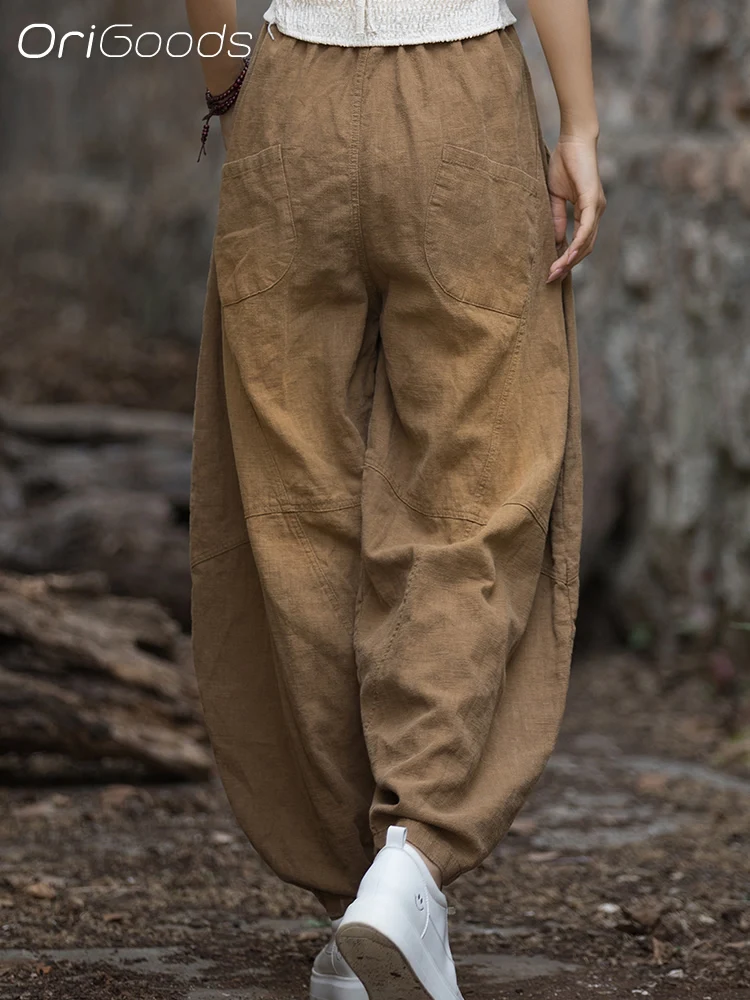 OriGoods Oversized Baggy Pants Women Natural Fabric Ramie Vintage Pants Spring Autumn Oversize Style Mori girl Trousers B160