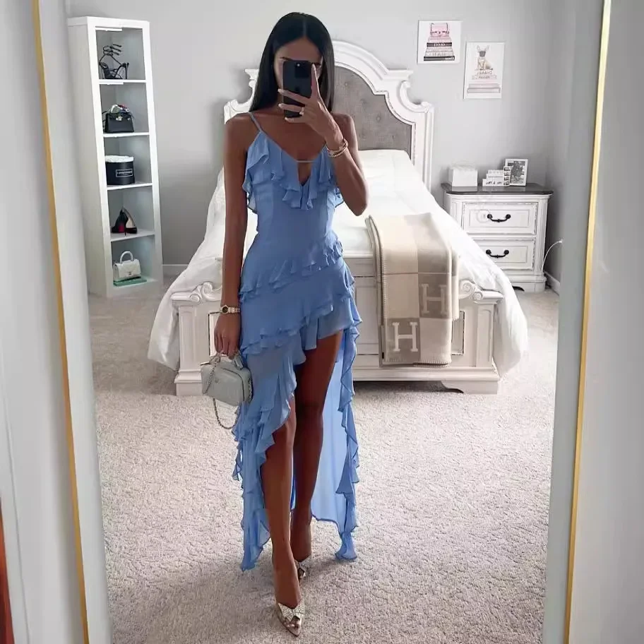 

Sexy Dress Women Party Spaghetti Strap New Irregular Summer Solid Slim Sleeveless High Street Hotsweet Fashion Long Clothing