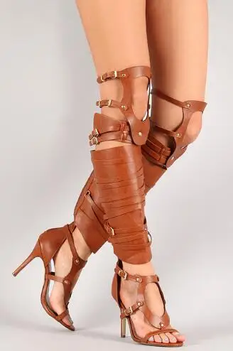 Summer Women Brown Nude Black Leather Gladiator Cuts Out Hollow Belt Buckle Stiletto Heels Over The Knee Sandals Boots Shoes