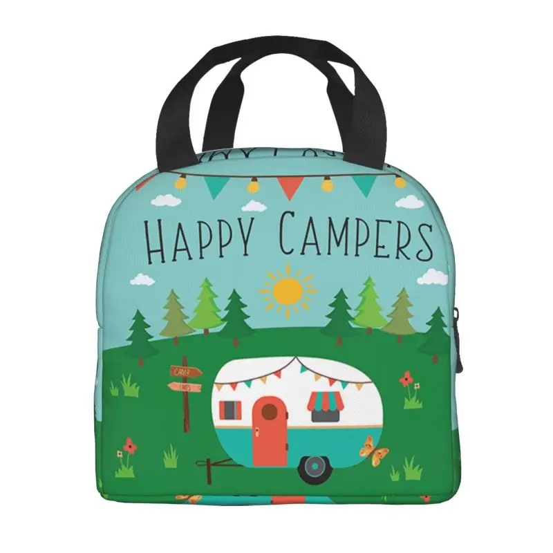 Adventure Camping Happy Campers Insulated Lunch Bags for Cartoon RV Van Life Portable Thermal Cooler Bento Box Outdoor Camping