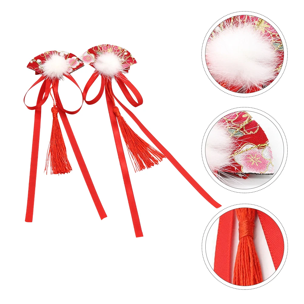 

1 Pair Kids Hair Accessories Retro Style Chinese Fan Hair Clips with Decorative Tassels