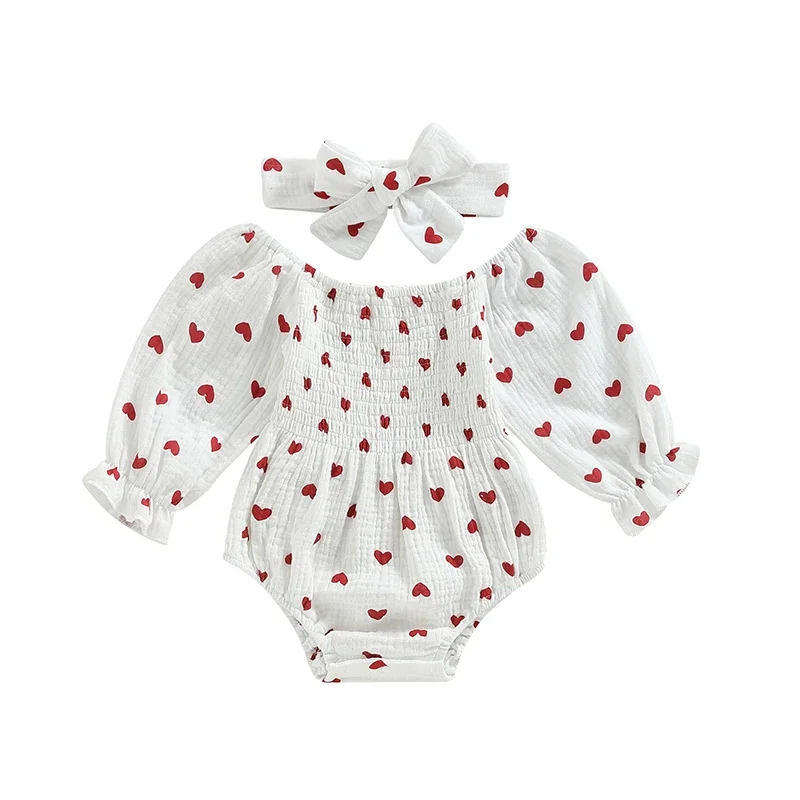 Baby Girls Valentine's Day Kids Romper Heart Print Long Sleeve Boat Neck Jumpsuits Infant Autumn Winter Bodysuits with Headband