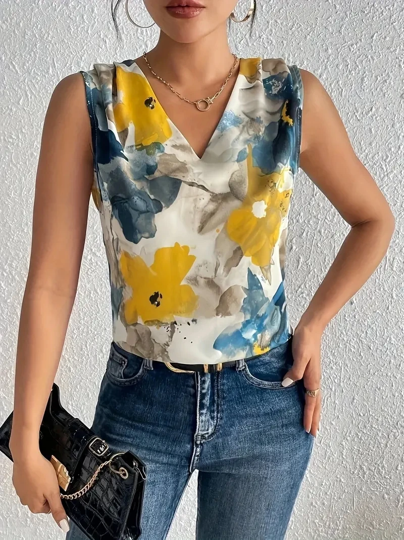 2024 Summer Floral Elegant Women V-Neck Tank Tops Blouse Sleeveless Shirt Women\'s Top Elegant Clothes Loose Women\'s Vest