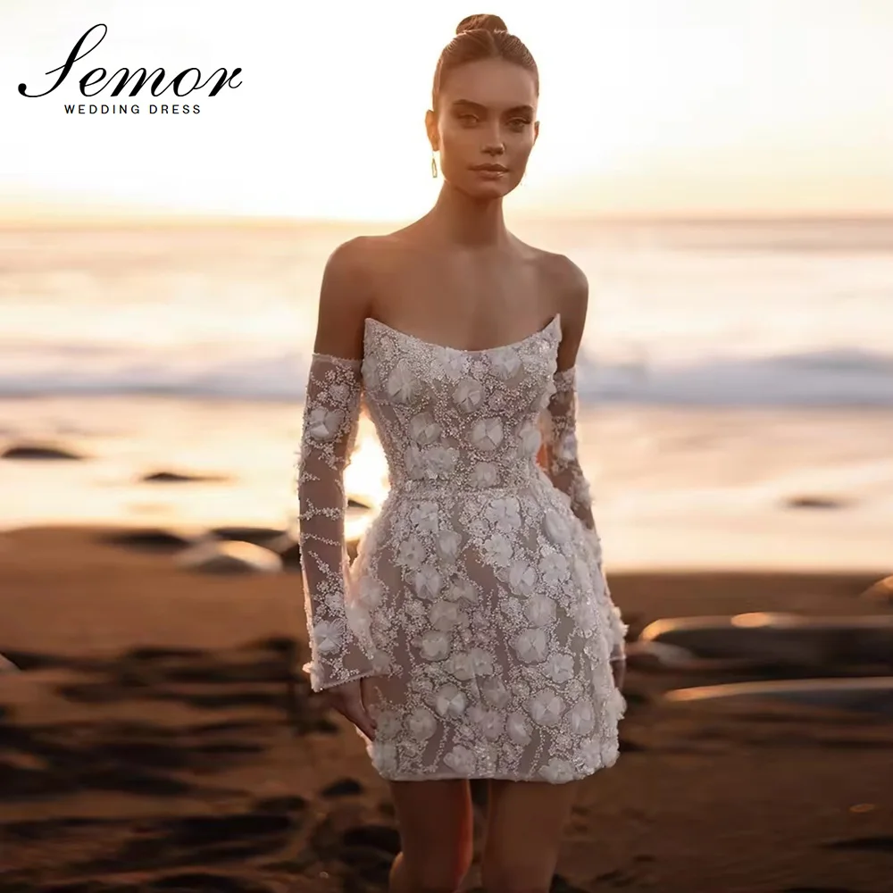 Semor Elegant Floral Lace Short Beach Wedding Dresses Strapless Detachable Long Sleeves Mini Civil Bridal Gowns Customized