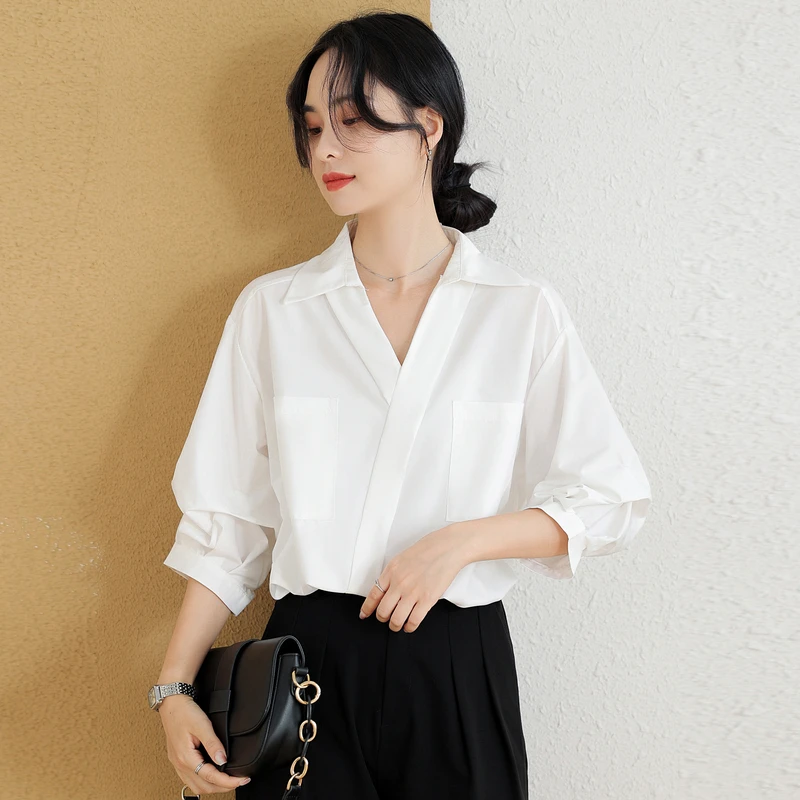 

Chiffon. Vintage Women Blouses Summer Blouses Solid Women's Shirts V-neck Clothing Sales Loose Short Sleeve White Korean Tops