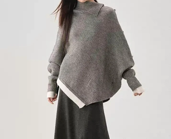 

Autumn and Winter New High Collar Irregular Loose Outer Cloak Sweater Coat Knitted Top