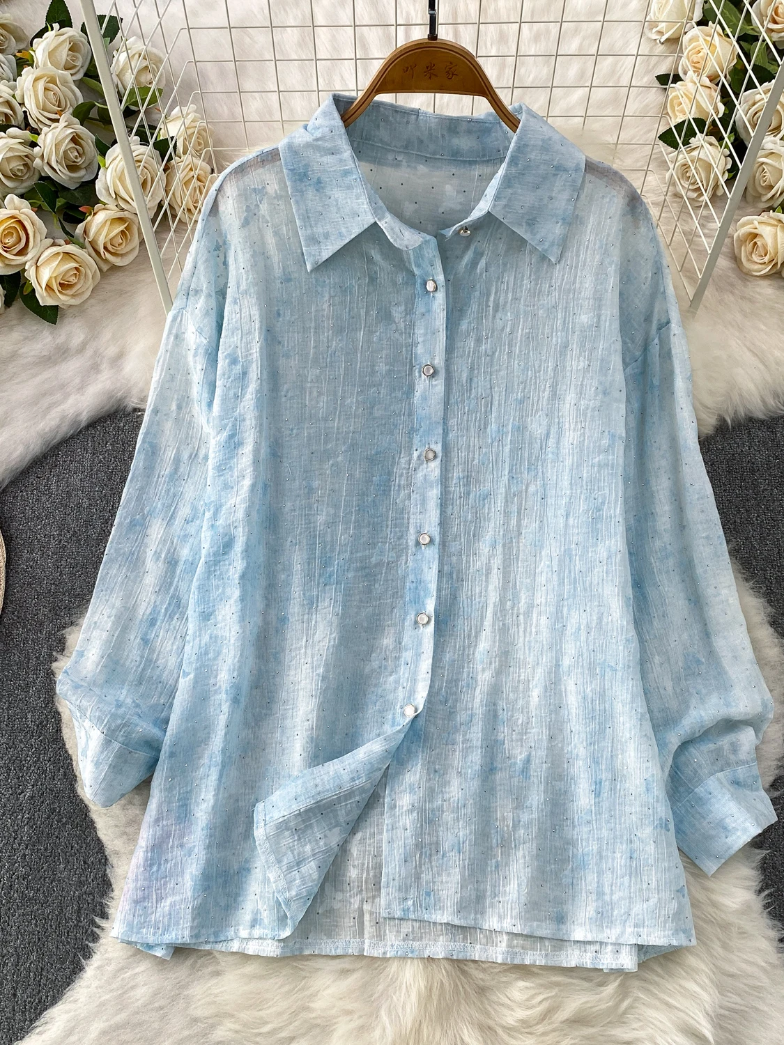 

Sun Protection Heavy Duty Rhinestone Print Long Sleeve Casual Cardigan Outerwear Women's Summer Fashion Commute Style Loose Fit