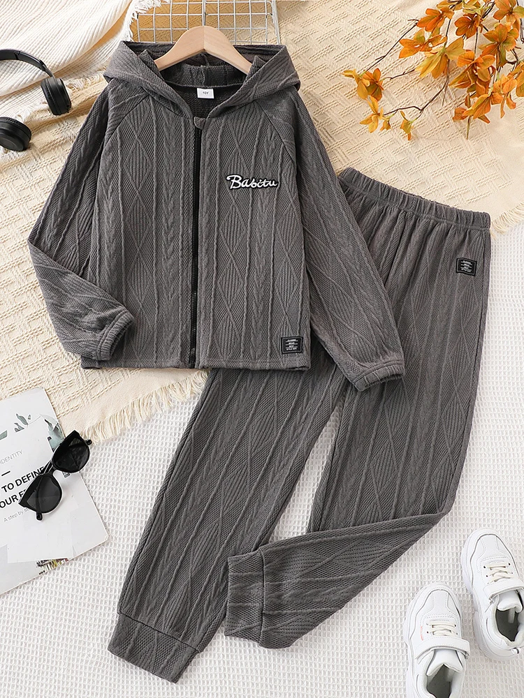 Herbst und Winter Herren mittlere und große Kinder Brief bestickt gestrickt Reißverschluss Hoodie & Bein gebunden Freizeithosen zweiteiliges Set