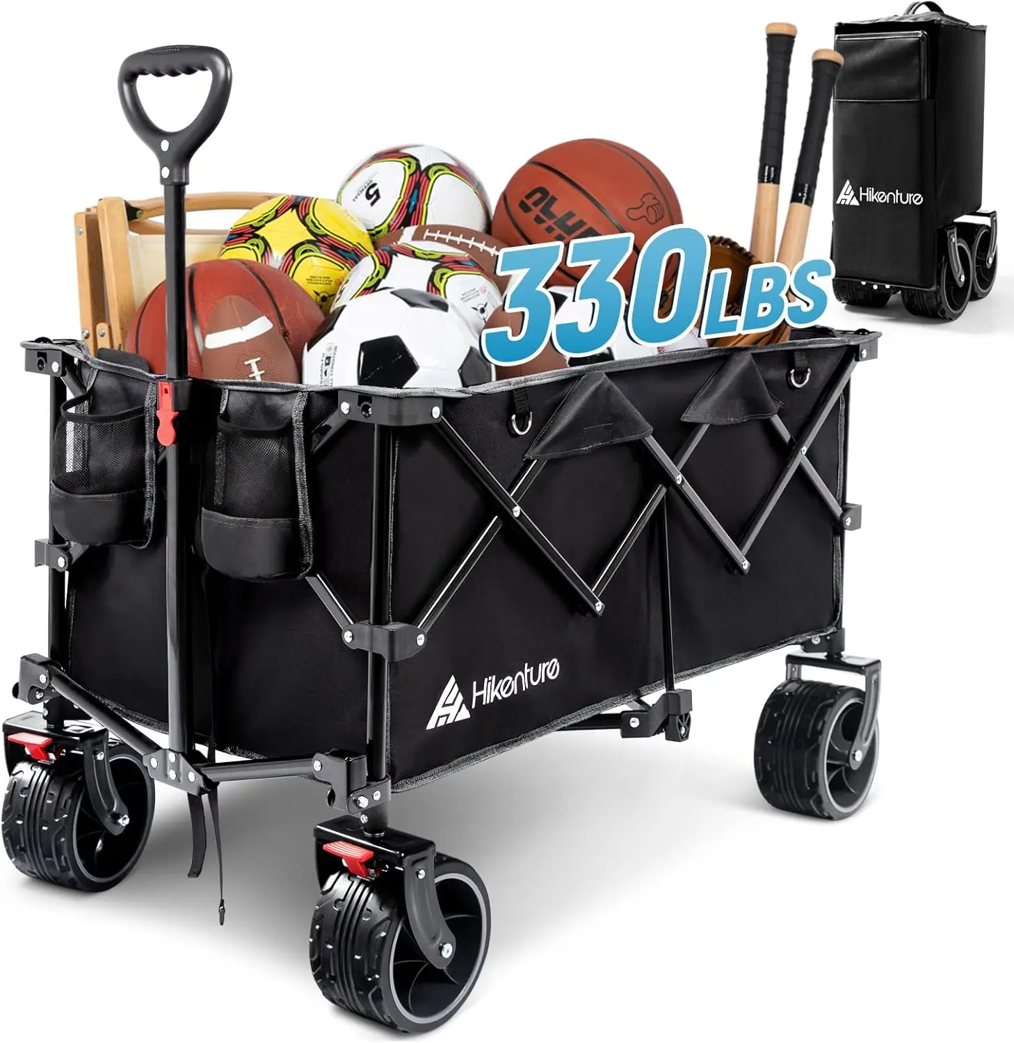 Outdoor and Beach - Heavy - Duty Collapsible Wagon Cart, 330lbs Capacity with Big Wheels for Sand, Equipped with Brakes