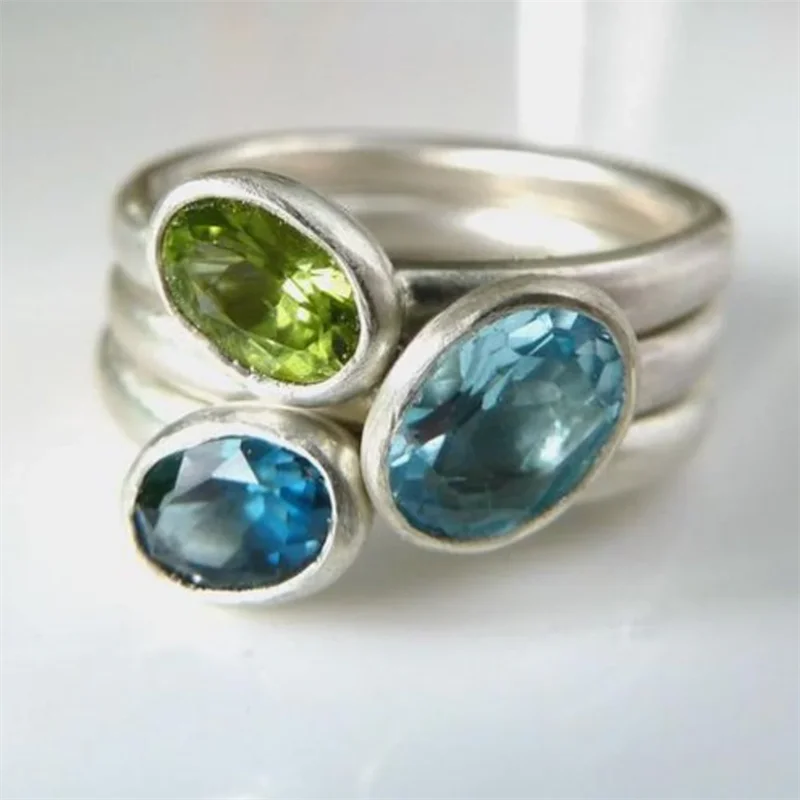 ORZTOON Trendy Minimalist Silver Inlaid Green Blue Stone Three Piece Ring Set For Ladies Birthday Party Jewelry 2024 New