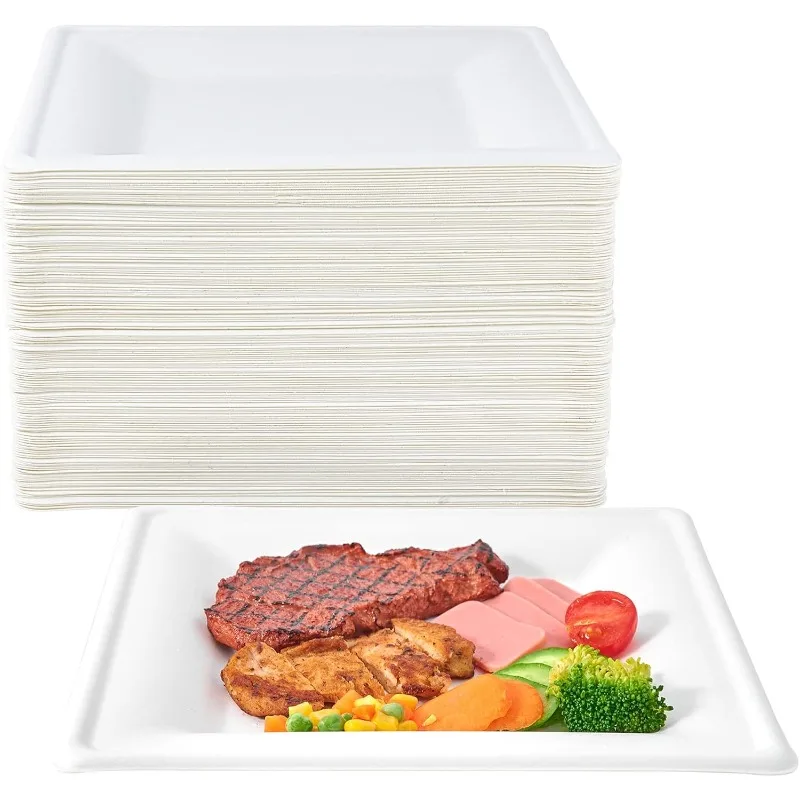 150 Pieces Compostable Square Paper Plates, 10 inch Heavy Duty Disposable Plates, Eco-friendly Biodegradable Sugarcane Bagasse