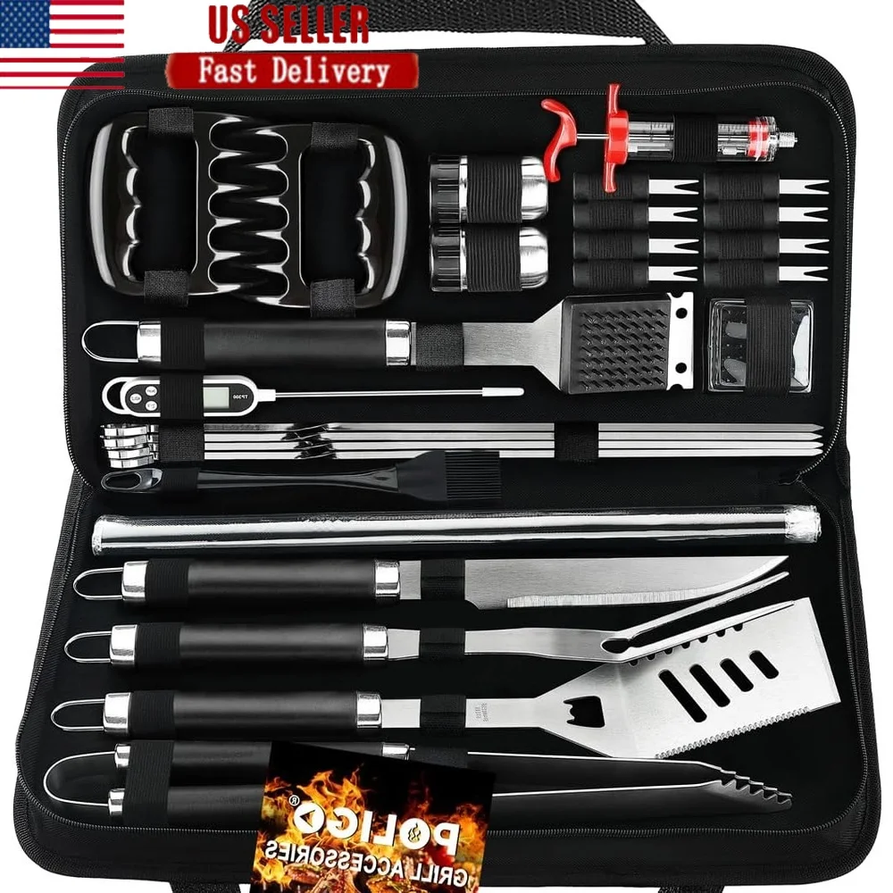 

28PC BBQ Grill Accessories Set with Carrying Bag Premium Utensils Grilling Cooking Gift Includes Spatula Tongs Thermometer Brush