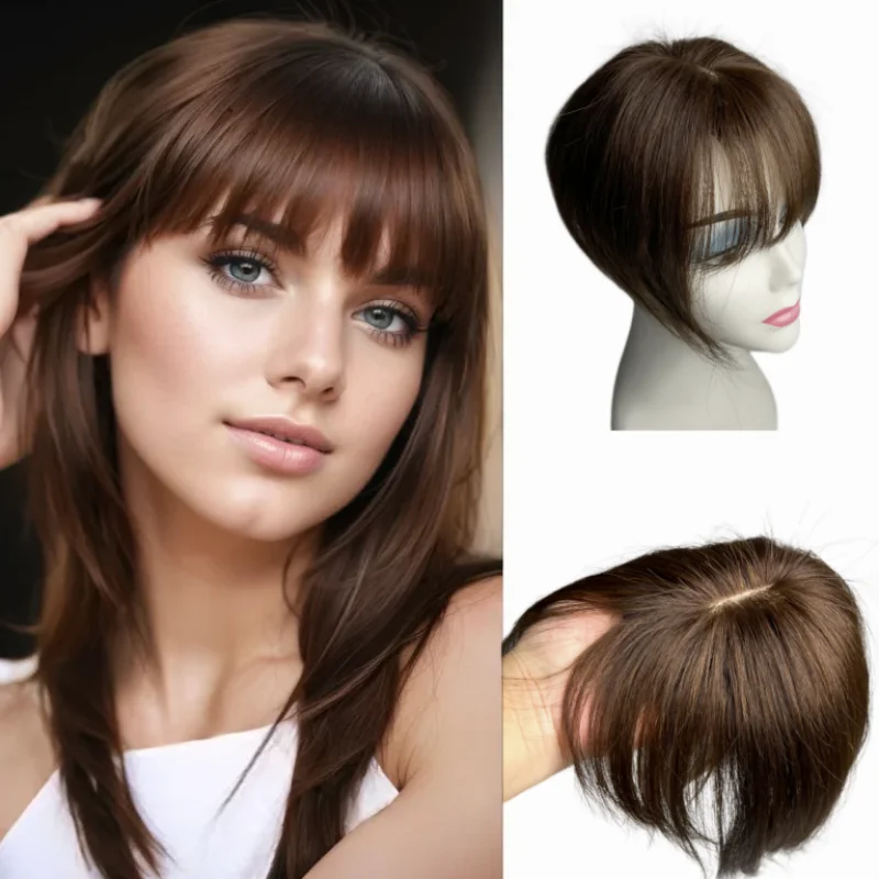 100% Human Hair Bangs Natural Brown Bang Hair Clip in Bangs Fringe with Temples Hairpiece for Women Clip on Topper with Air Bang