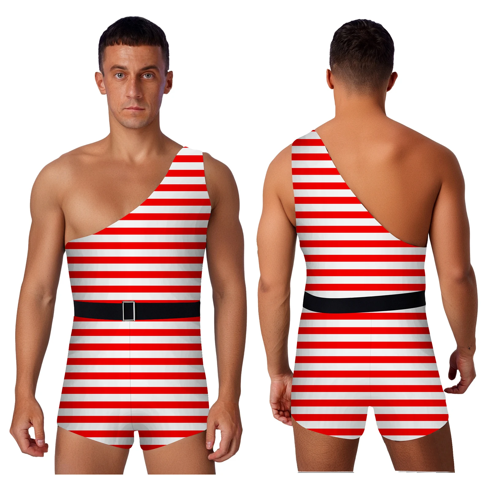 

Men Stylish Shoulder Striped Bodysuit Rompers for Cowboy Hippie Funny Clown Cosplay Performance Costumes Carnival Halloween Wear